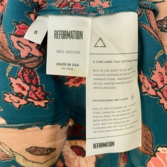 New Reformation Perla Floral Ruffle Mini Dress Teal Pink 0 $218 - Picture 5 of 6